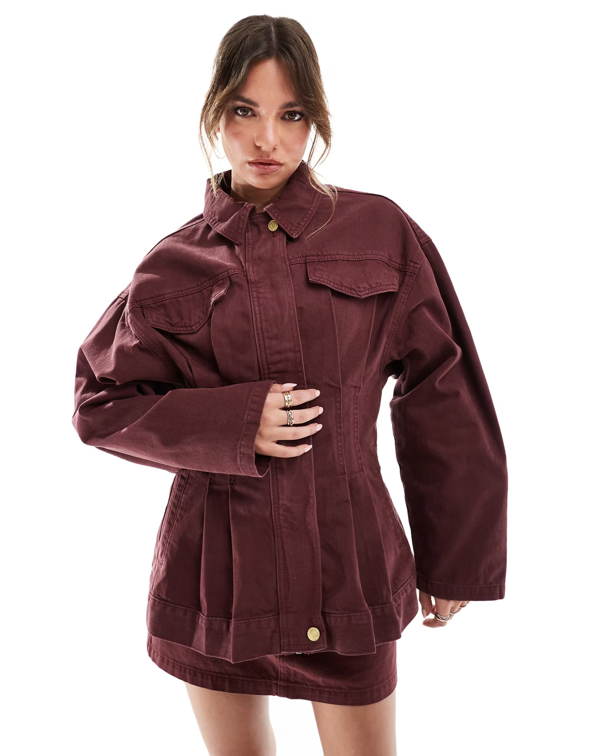 ASOS ASOS DESIGN denim premium jacket with cinched waist in burgundy co-ord