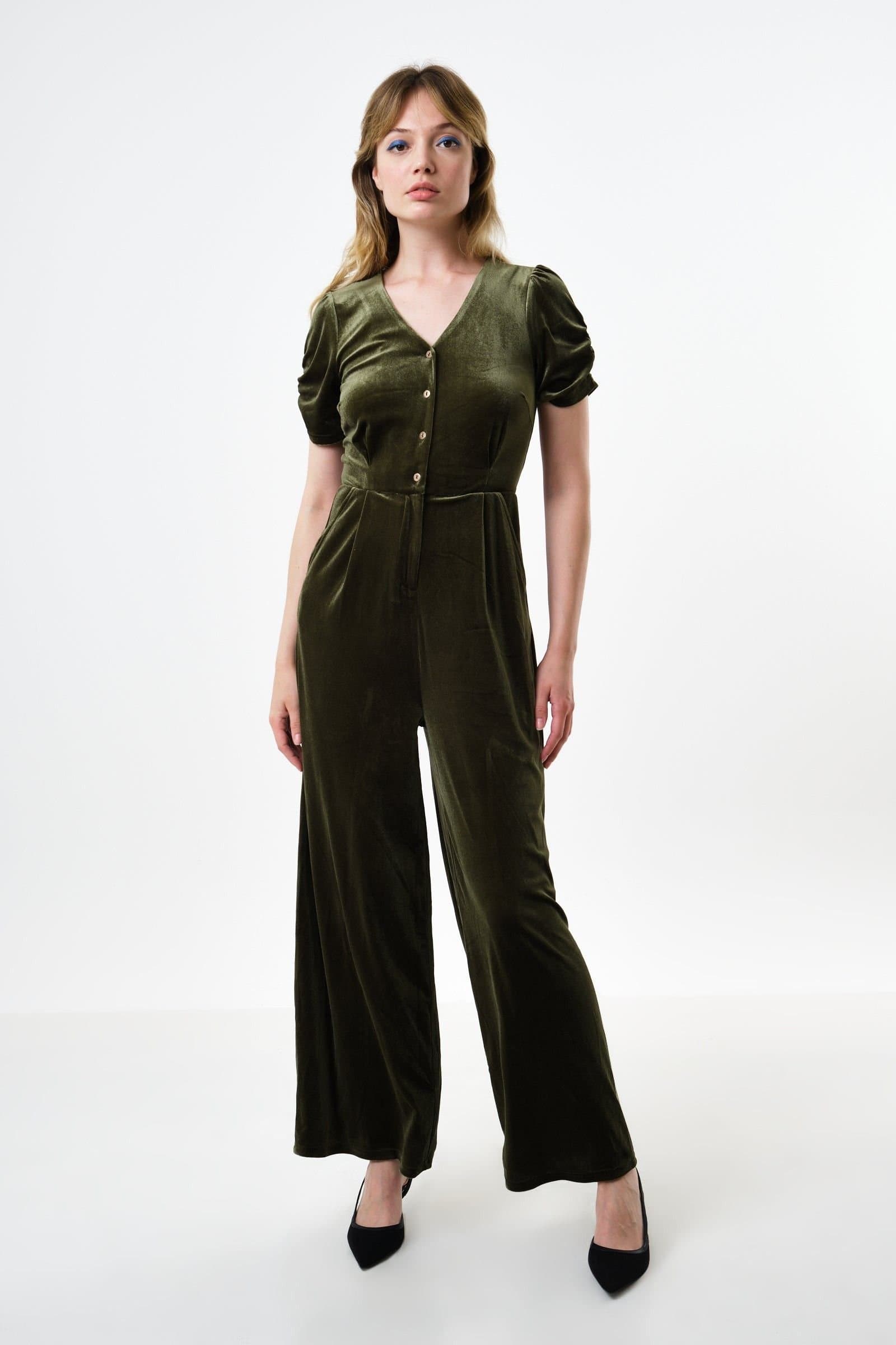 Louche Louche Women's Lyes Velvet Short Sleeved Jumpsuit - Sage in Green