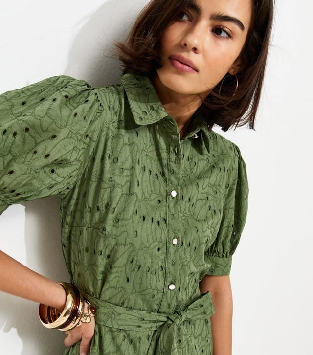 New Look Women's Khaki Broderie Shirt Midi Dress New Look - 3