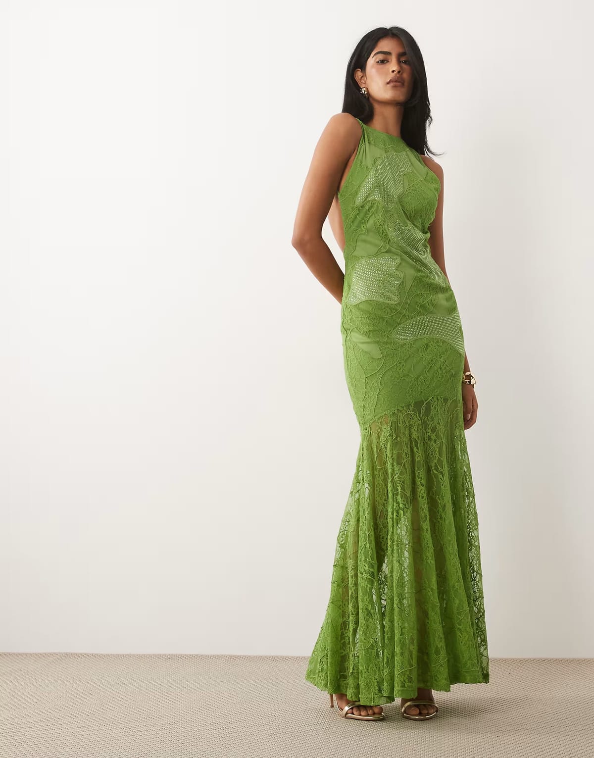 ASOS ASOS DESIGN lace high slash neck maxi dress with embellished hotfix panels and embroidery in green - 1