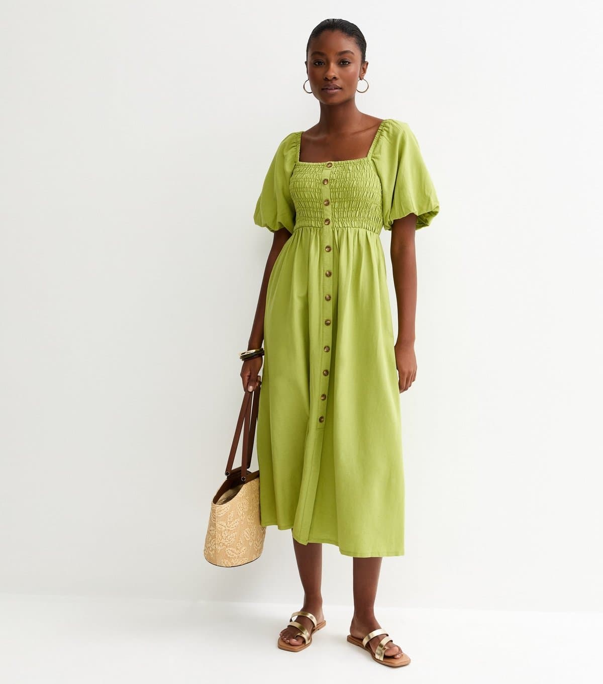 New Look Women's Bright Green Faux Button Milkmaid Midi Dress New Look