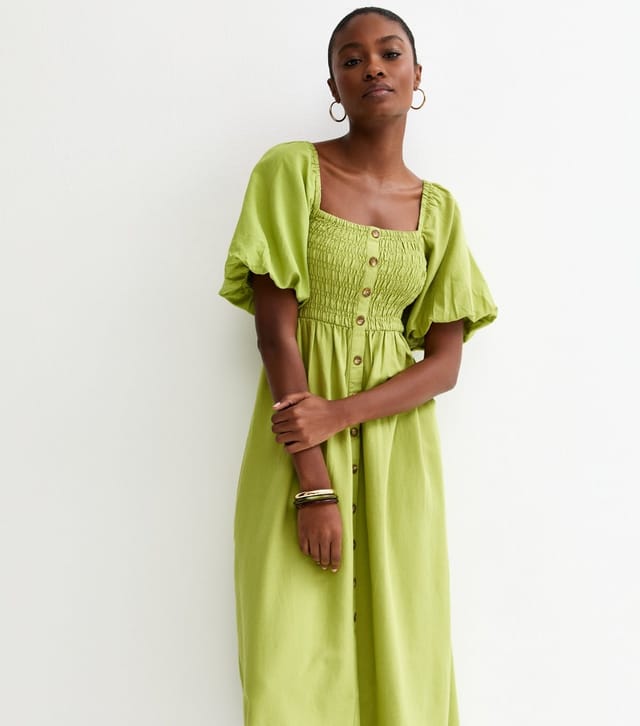New Look Women's Bright Green Faux Button Milkmaid Midi Dress New Look - 2