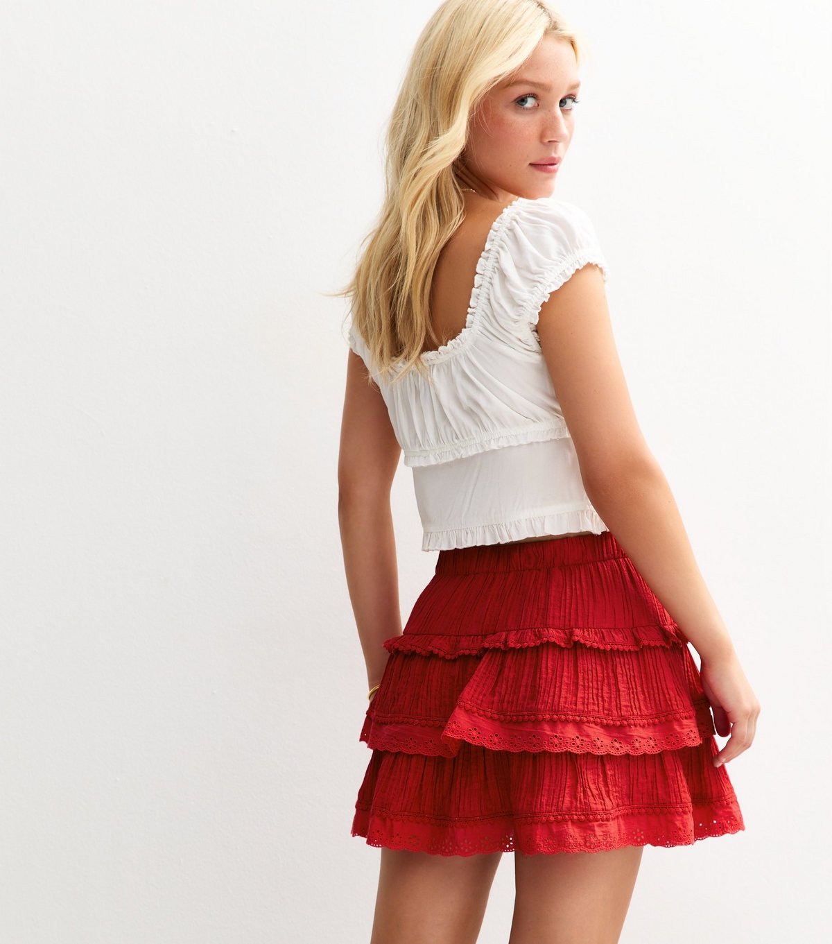 New Look Women's Bright Red Textured Embroidered Lace Trim Tiered Mini Skirt New Look - 4