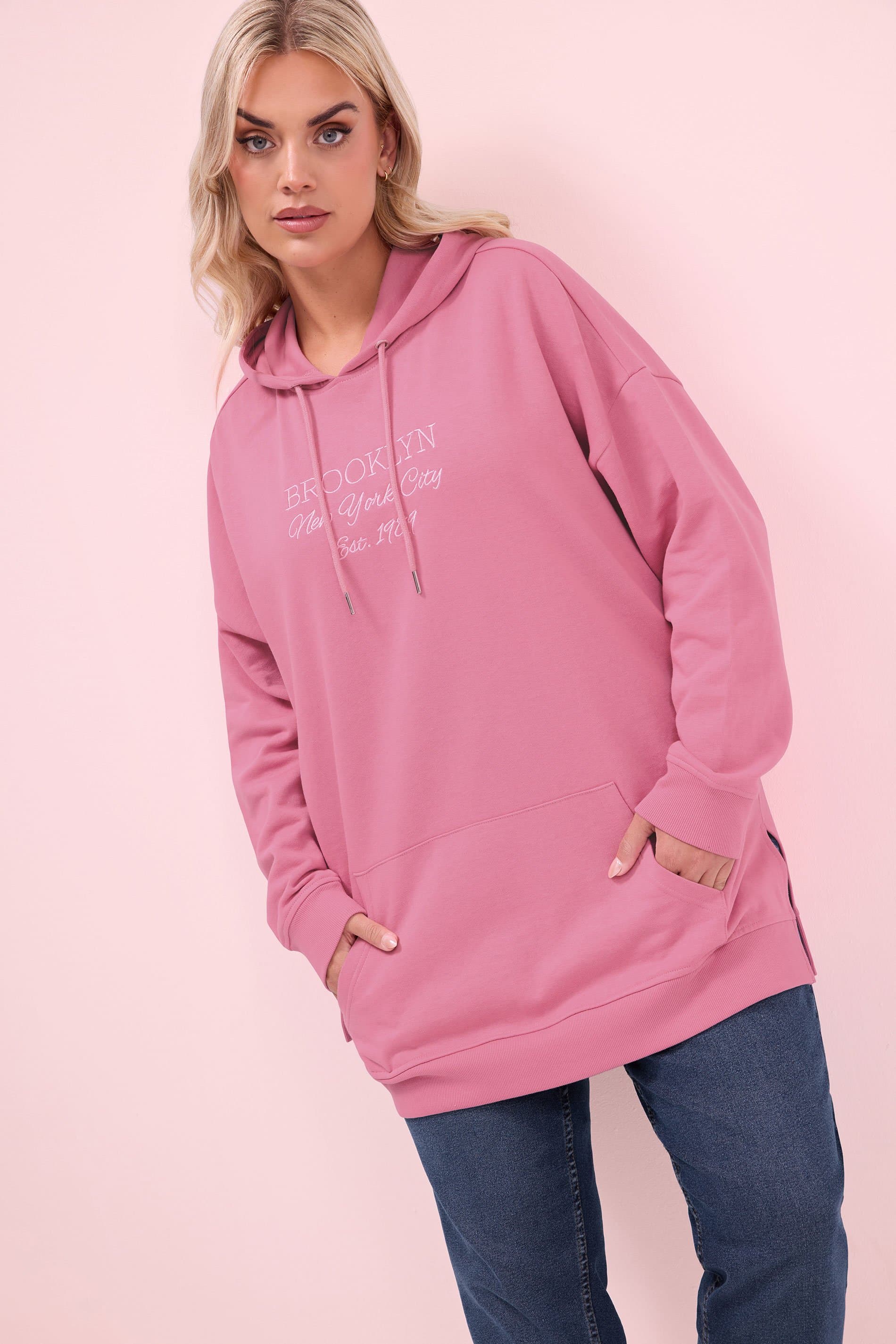 Yours Plus Size Pink 'Brooklyn' Embroidered Slogan Hoodie