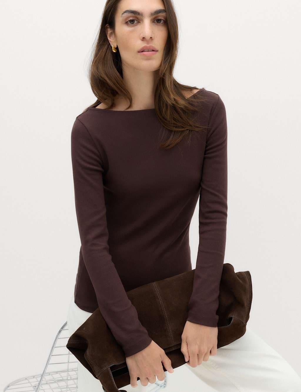 Marks & Spencer M&S Cotton Rich Premium Slash Neck Top Dark Chocolate