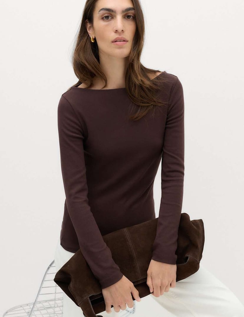 Marks & Spencer M&S Cotton Rich Premium Slash Neck Top Dark Chocolate - 1