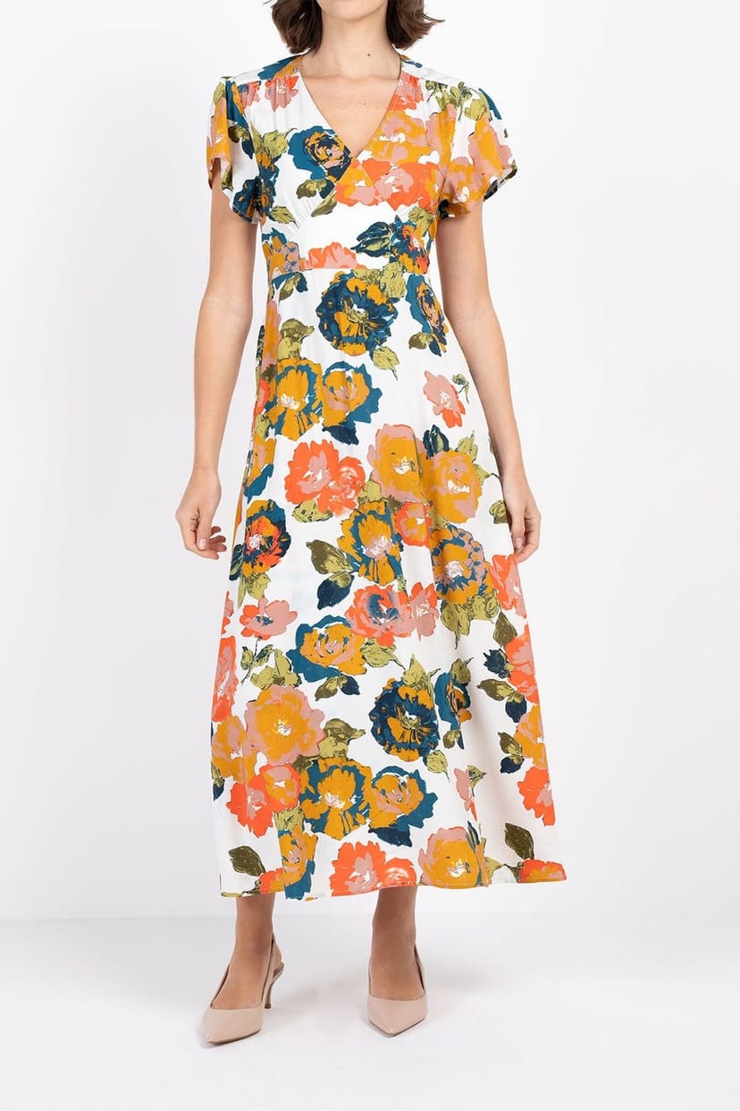 Kettlewell Kettlewell Women's Floral Print Tie Back Midi Dress in Tangerine - 1
