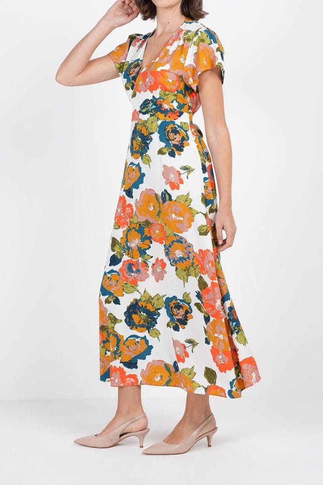 Kettlewell Kettlewell Women's Floral Print Tie Back Midi Dress in Tangerine - 3