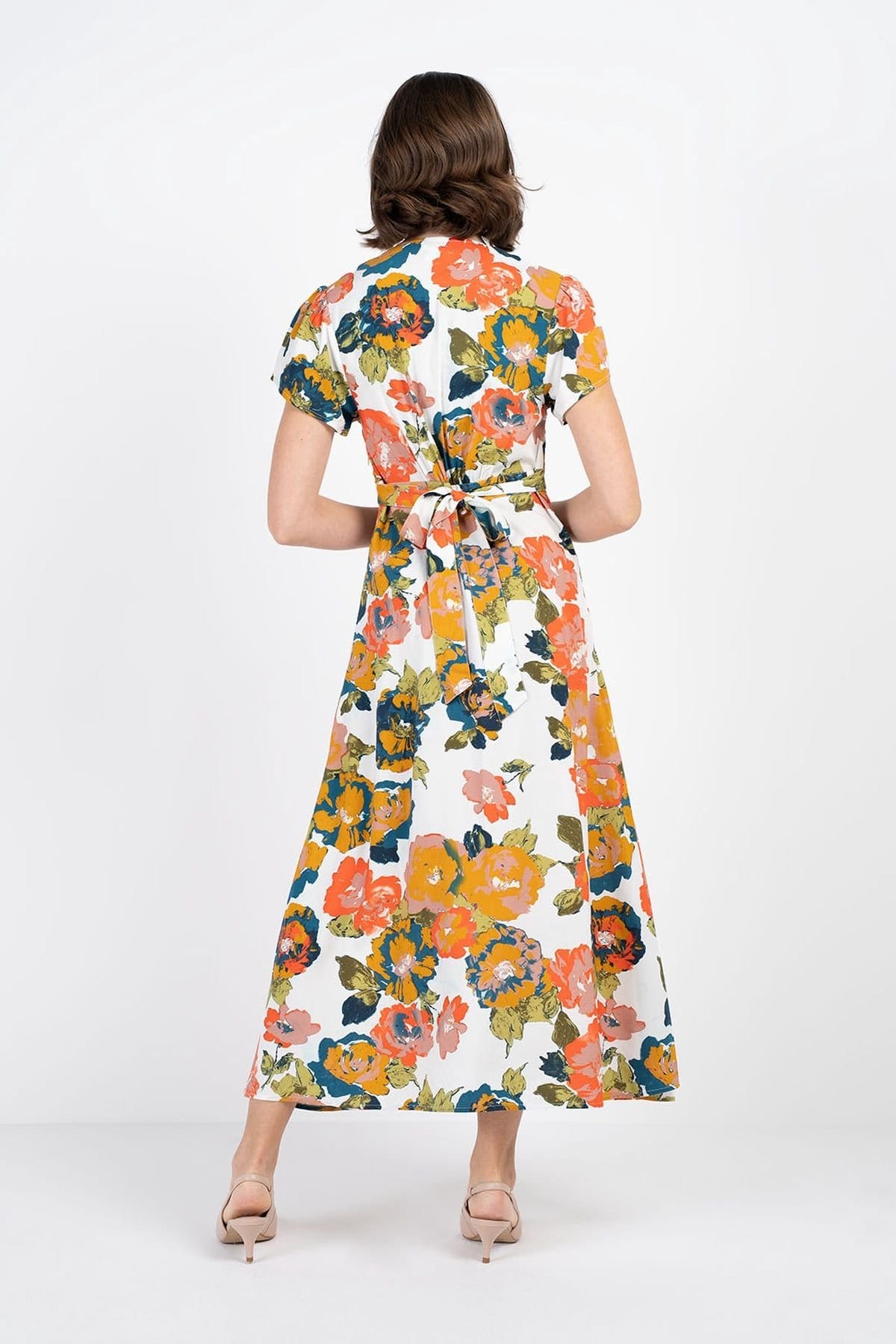 Kettlewell Kettlewell Women's Floral Print Tie Back Midi Dress in Tangerine - 4