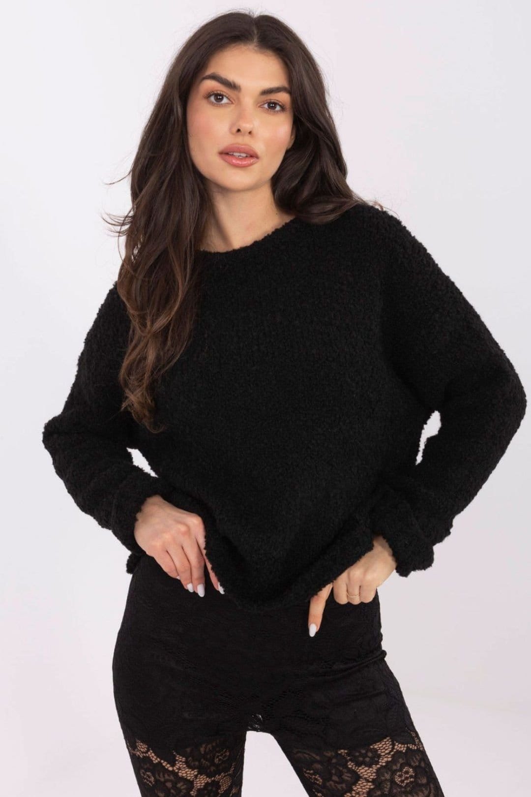 Love Lace Love Lace Women's Stylish Casual Textured Sweater with Round Neck in Black - 4