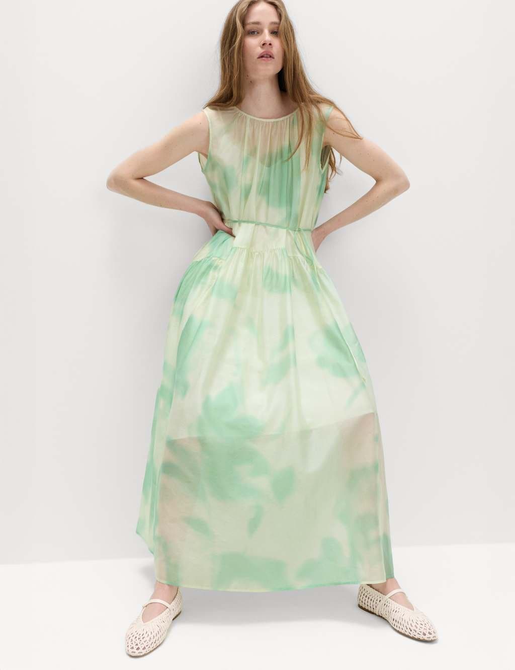 Marks & Spencer M&S Floral Tie Detail Midi Tiered Dress Green Mix