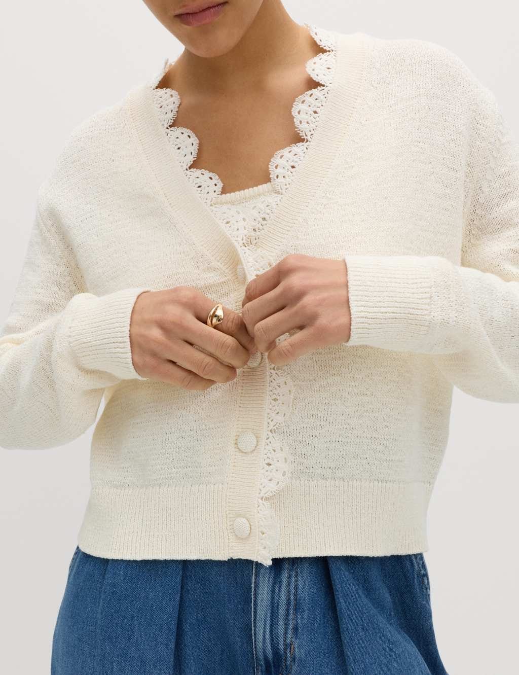 Marks & Spencer M&S Cotton Blend Lace Trim V-Neck Cardigan Vanilla - 1
