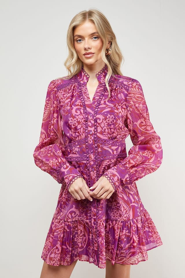 Oasis Oasis Women's Printed Lace Trim Boho Shirt Mini Dress in Floral - 2