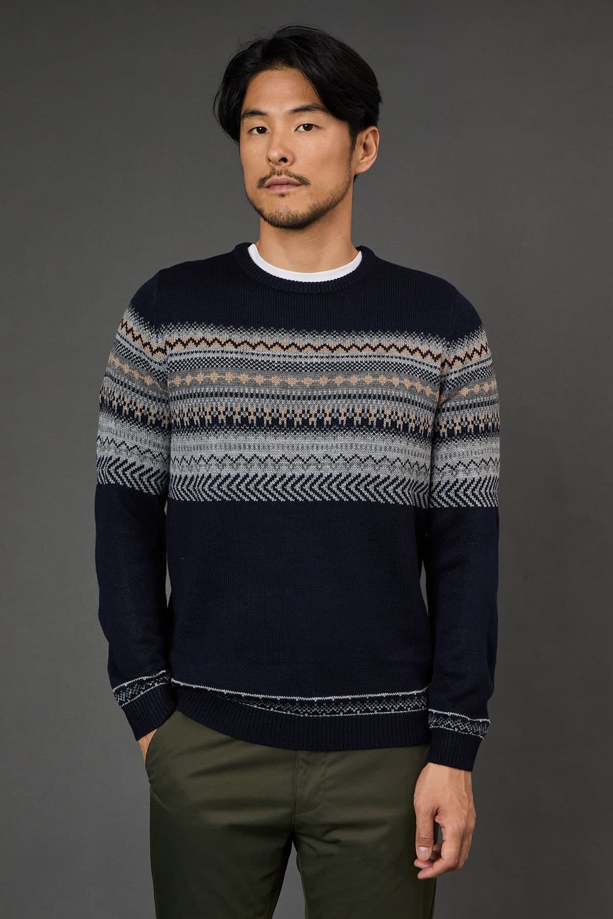 Burton Burton Men's Navy Fairisle Placement Christmas Jumper