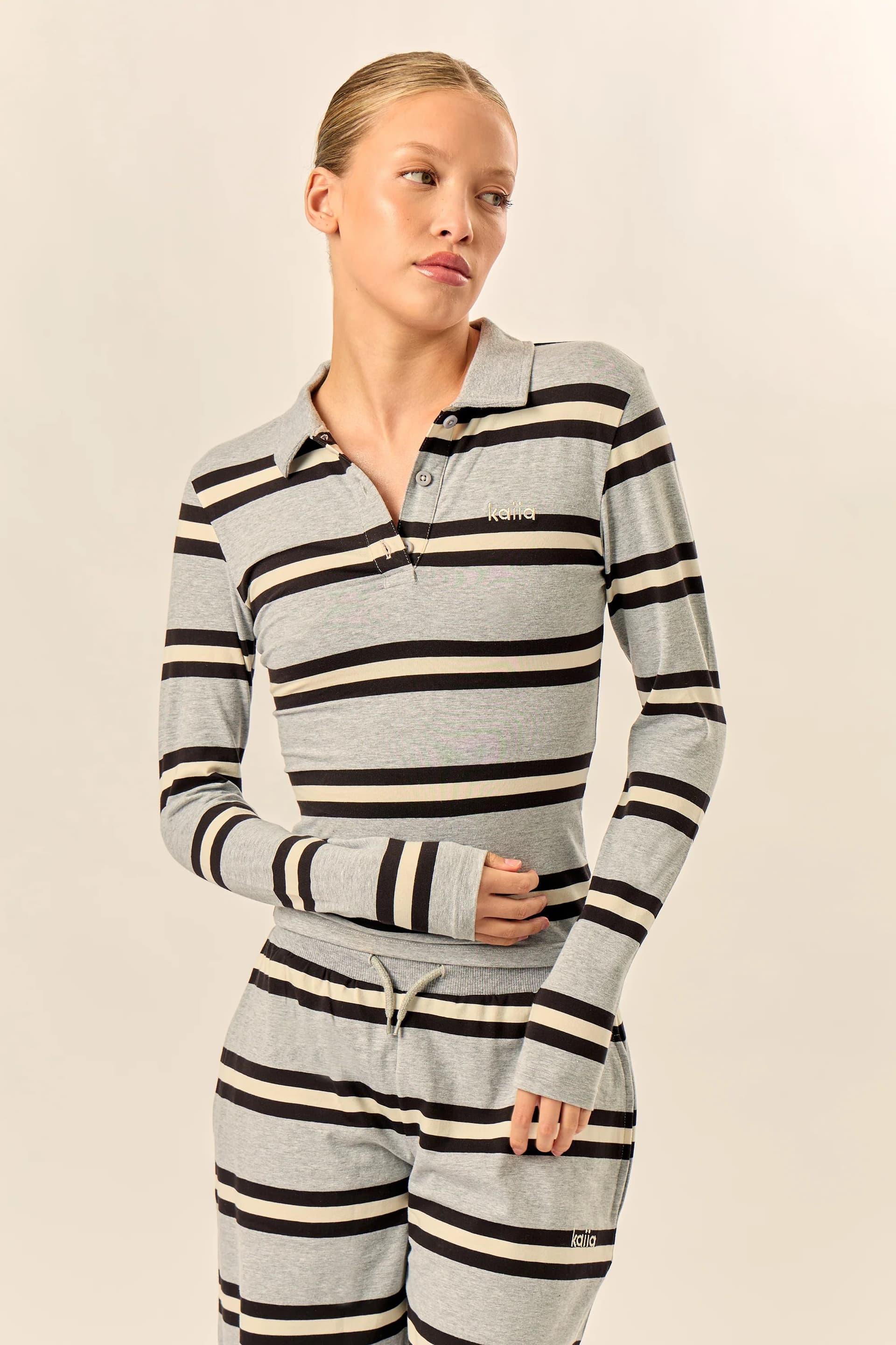 Kaiia Kaiia Grey Marl Striped Long Sleeve Polo Top