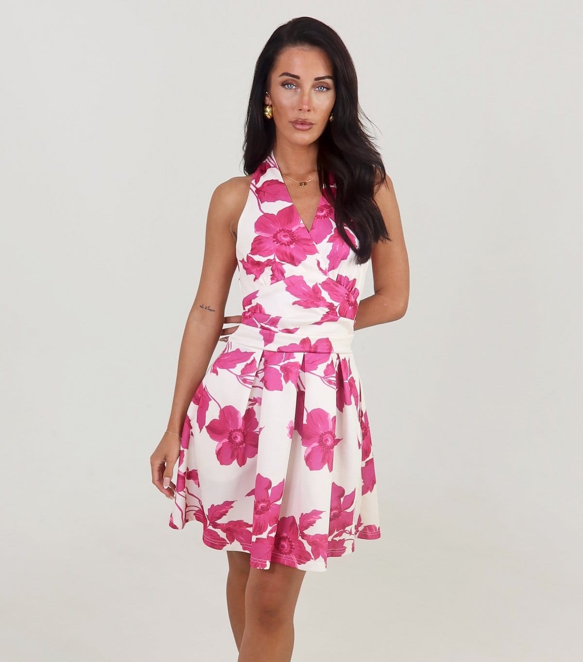 AX Paris Pink Floral Print Halter Neck Mini Dress