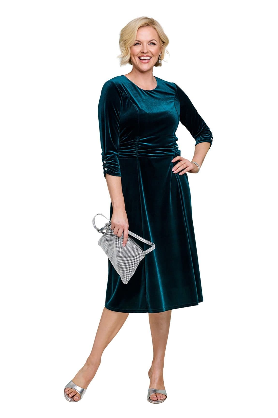 Amber Amber Women's Velour Fit & Flare Dress with Ruching in Dark Green