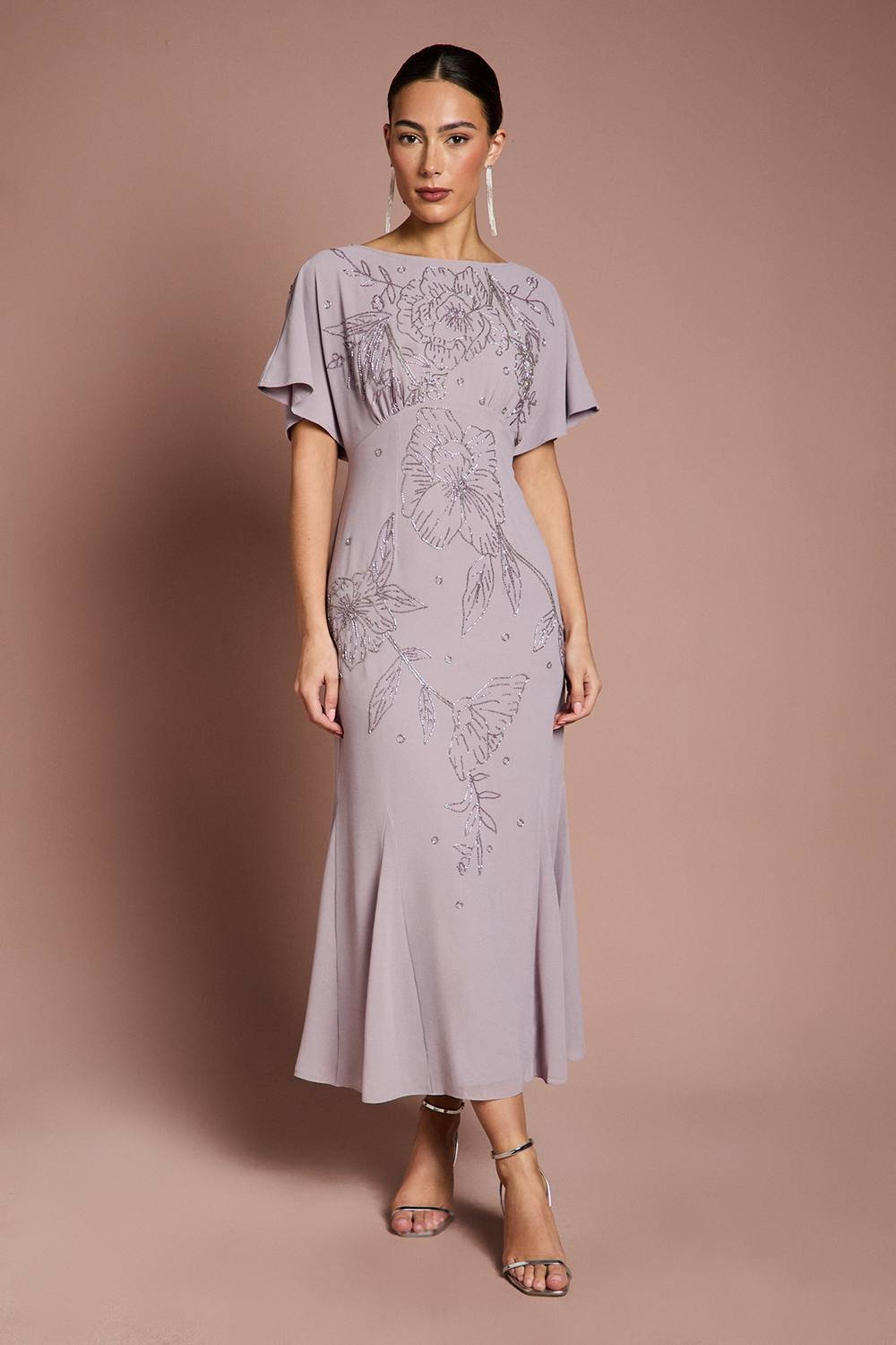 Coast Coast Women's Beaded Batwing Georgette Midi Dress in Mauve - 2