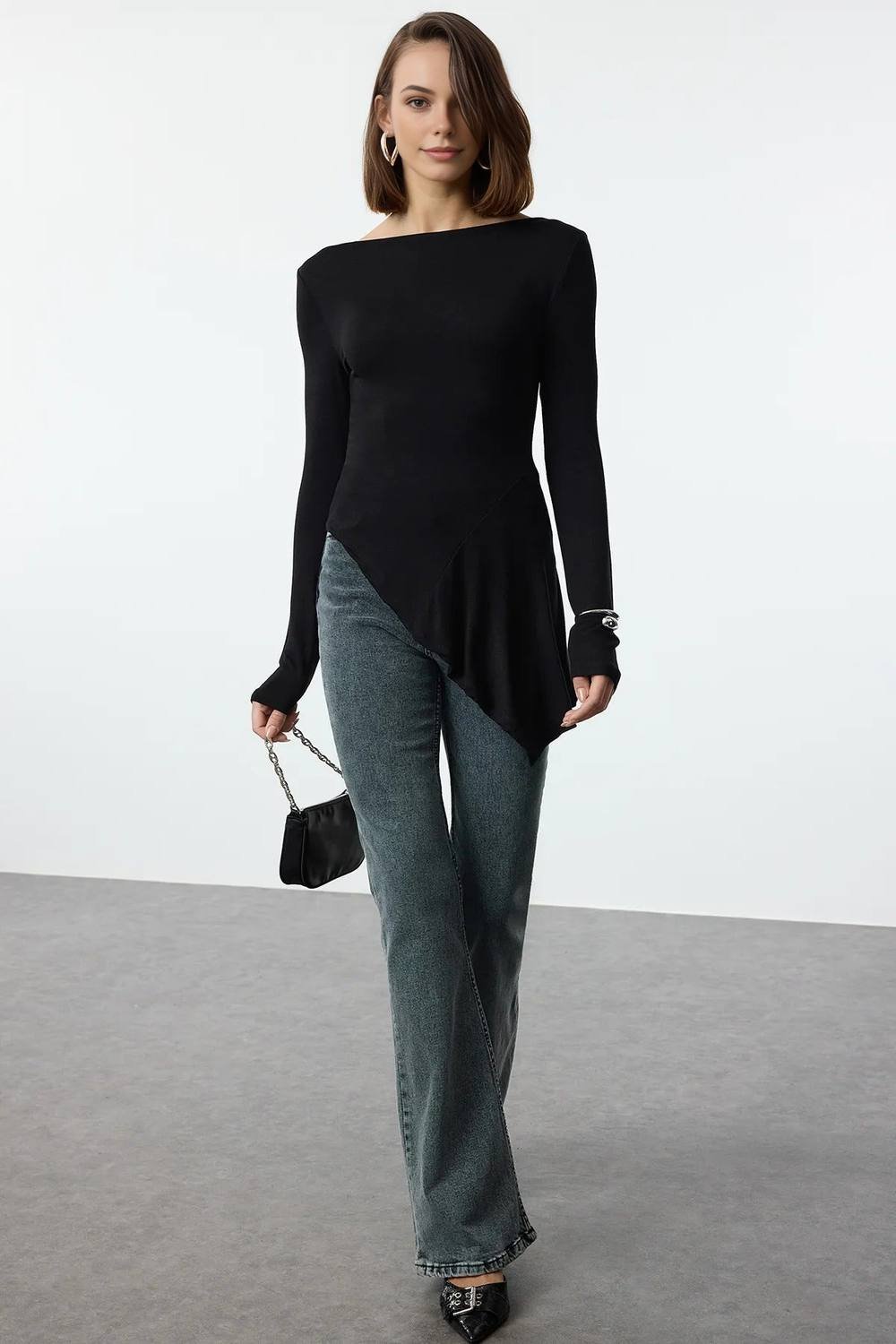 WOVCOR WOVCOR Women's Asymmetric Textured Knit Blouse With Soft Draped Hem in Black - 2