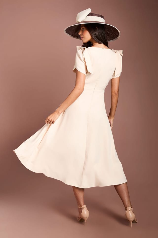 Coast Coast Women's Lisa Tan Bow Shoulder Crepe Full Skirt Midi Dress in Ivory - 3