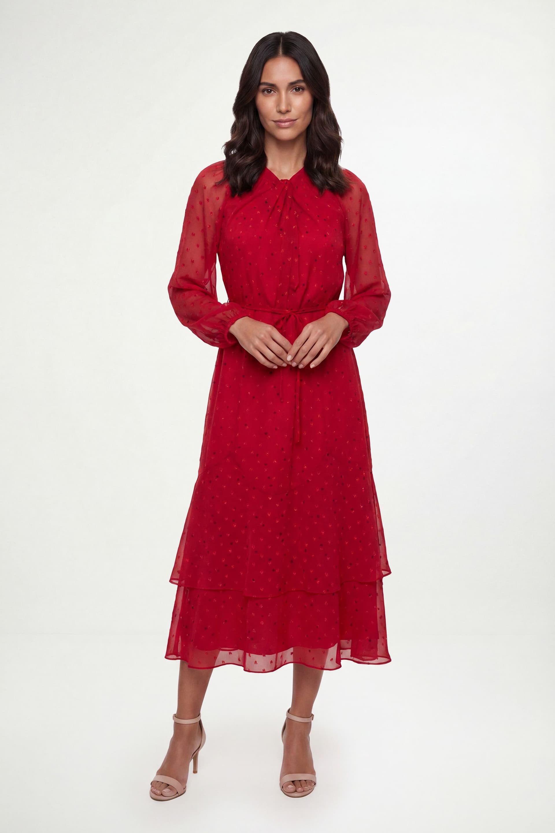 Wallis Wallis Women's Printed Metallic Twist Neck Midi Dress in Red