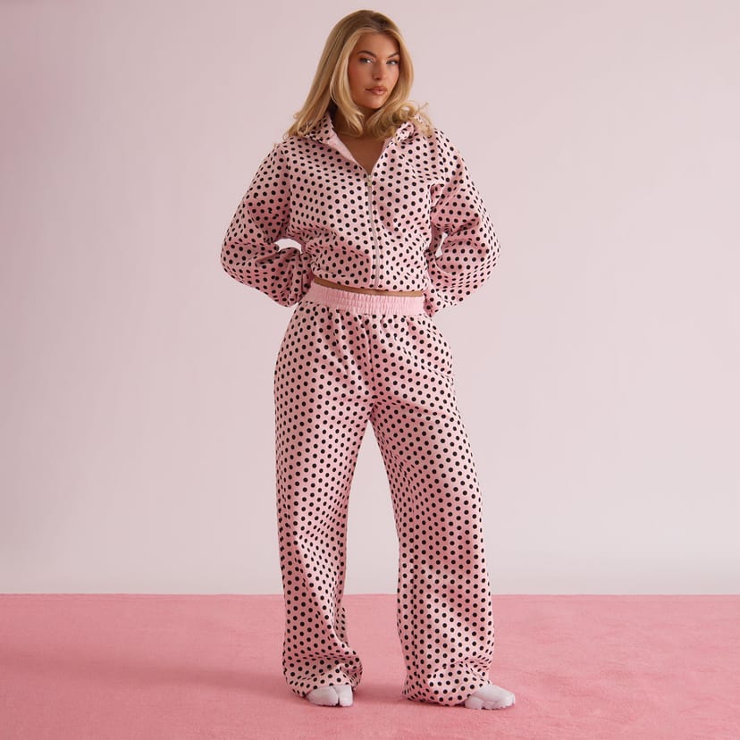 EGO Elasticated Waist Wide Leg Joggers In Contrast Pink Polka Dot, Women's Size UK 6 - 1