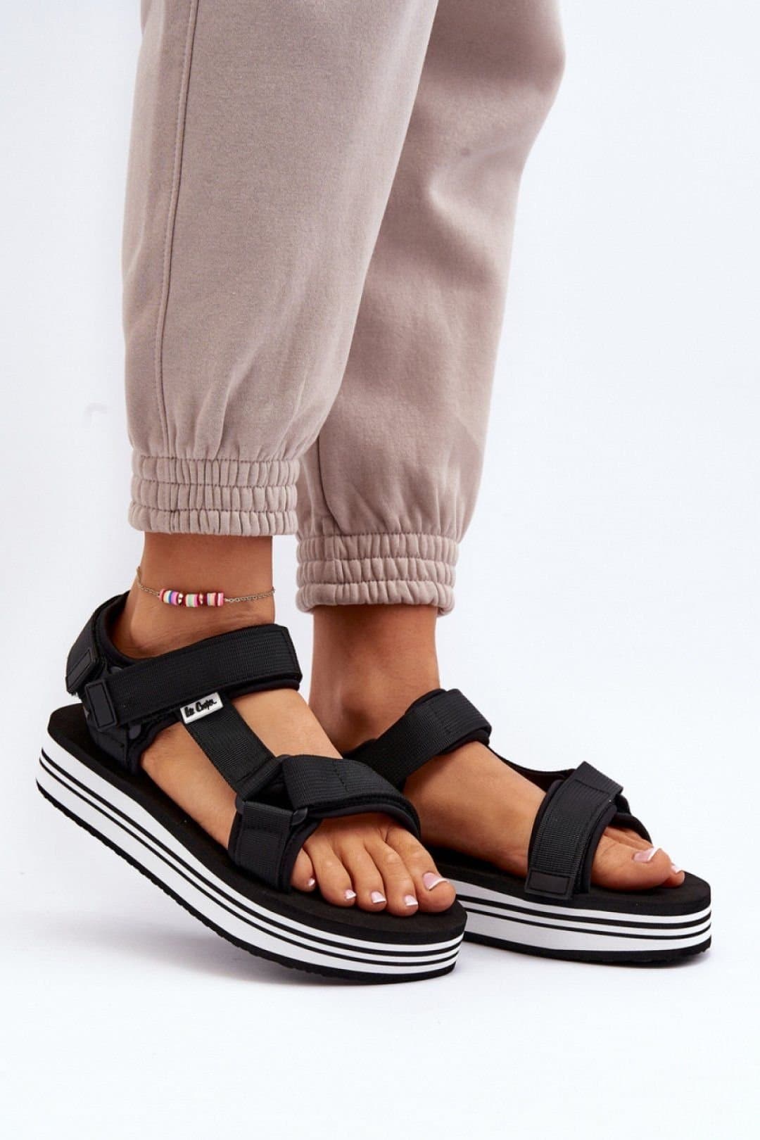 Love Lace Love Lace Women's Lee Cooper Textile Step In Platform Sandals with Logo Velcro in Black