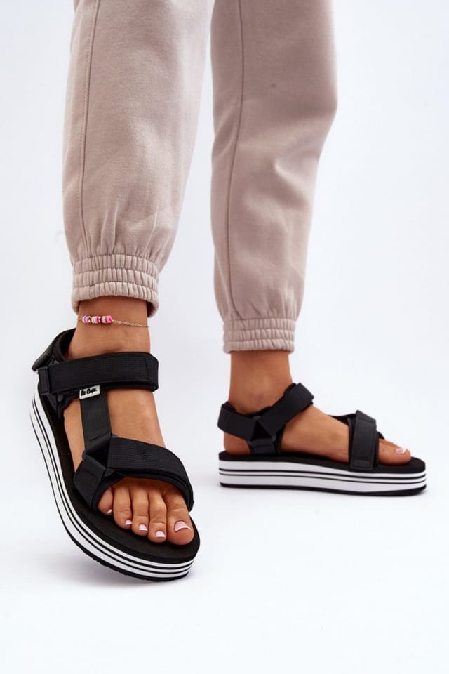 Love Lace Love Lace Women's Lee Cooper Textile Step In Platform Sandals with Logo Velcro in Black - 3