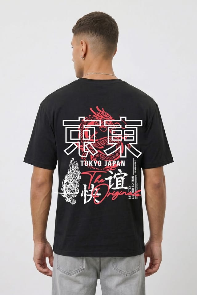 LONDON ATTITUDE LONDON ATTITUDE Men's Tokyo Dragon Premium Cotton Relaxed Fit T-Shirt in Black - 2