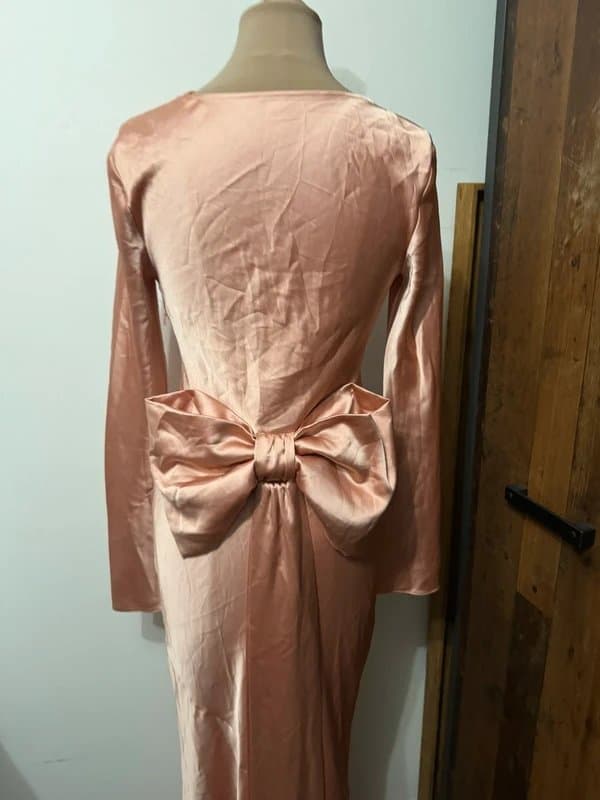 ASOS Design dusty pink baby light pink maxi long sleeve bow trail drape silky satin size 10