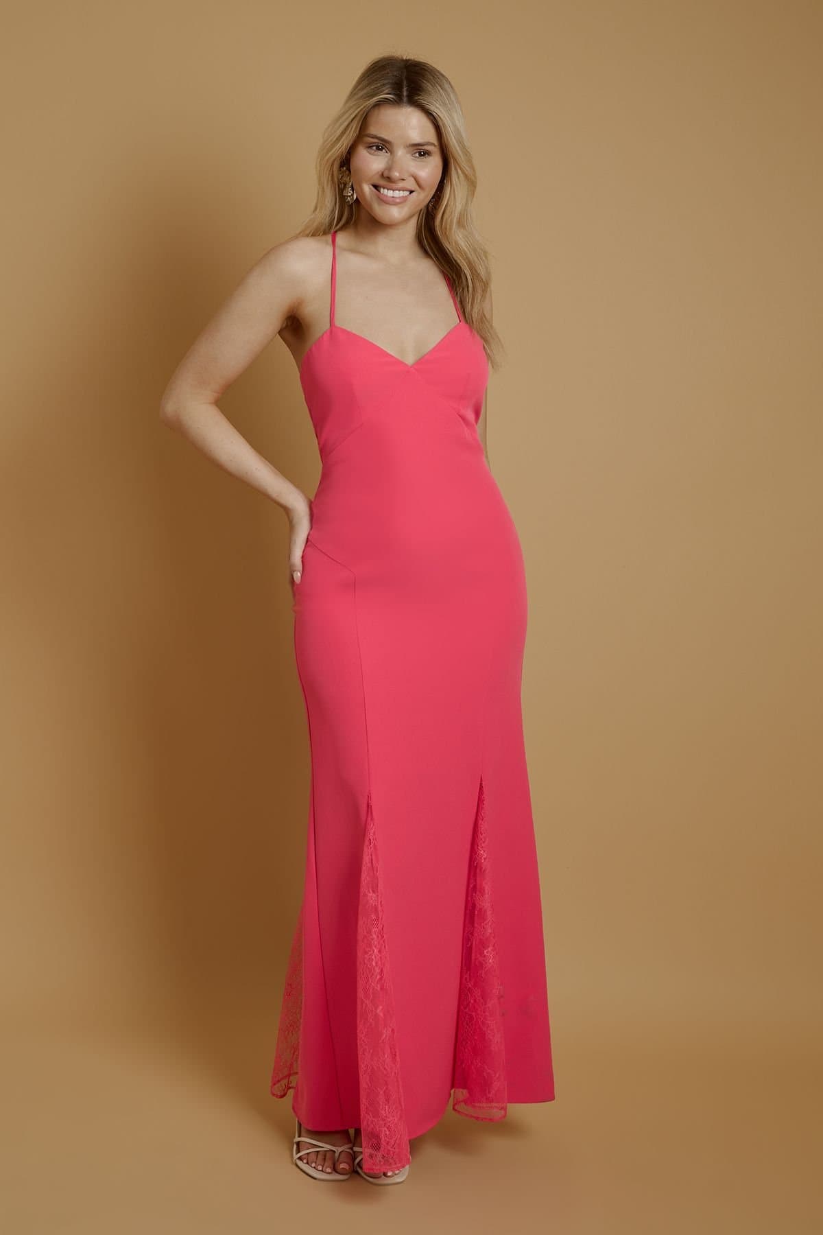 Oasis Oasis Women's Lace Godet Crepe Maxi Dress in Pink
