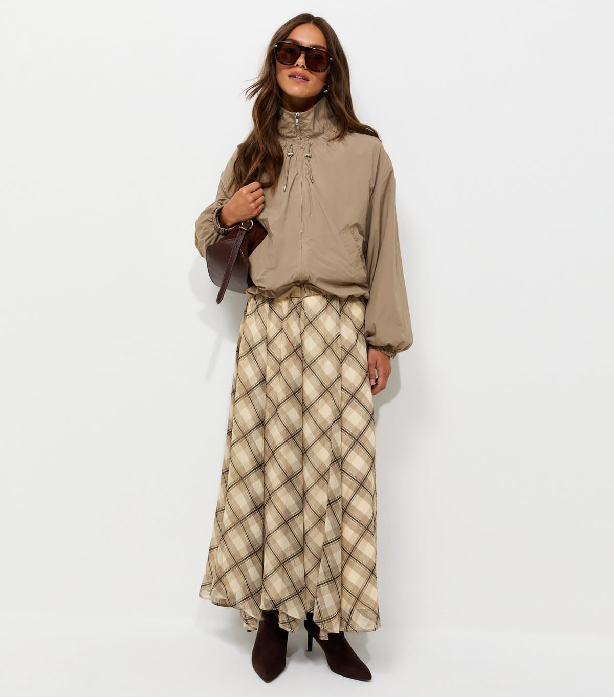 New Look New Look Petite Cream Check Print Chiffon Midi Skirt