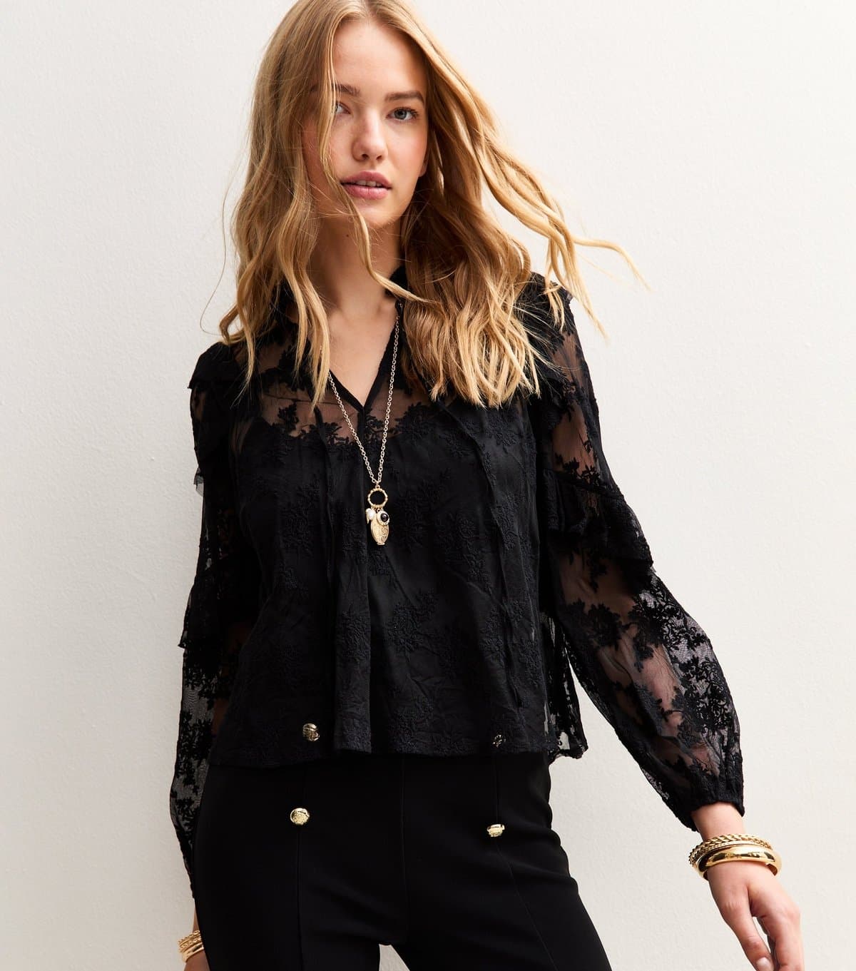 New Look Women's Black Floral Lace High Neck Semi-Sheer Blouse New Look