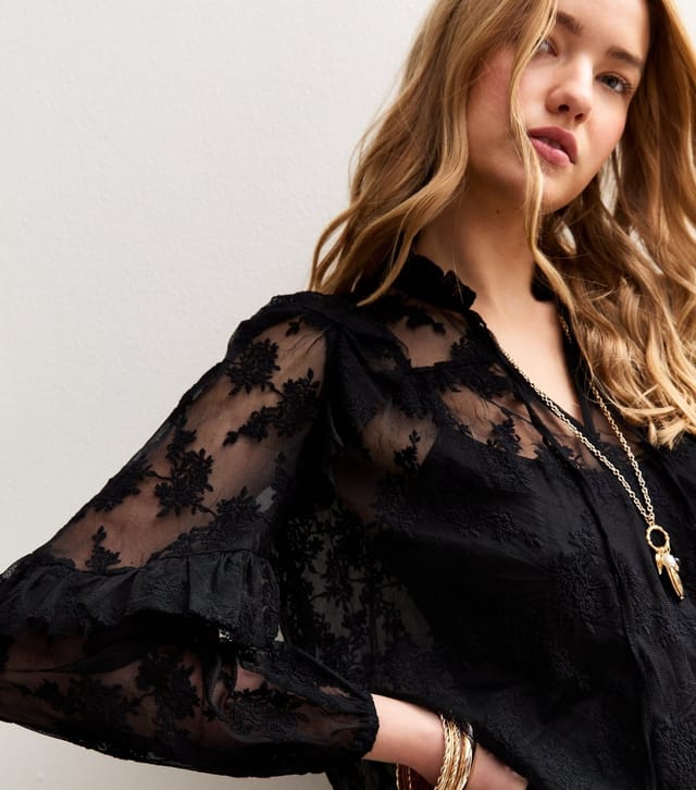 New Look Women's Black Floral Lace High Neck Semi-Sheer Blouse New Look - 2