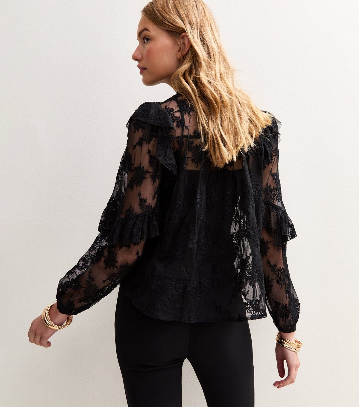 New Look Women's Black Floral Lace High Neck Semi-Sheer Blouse New Look - 4