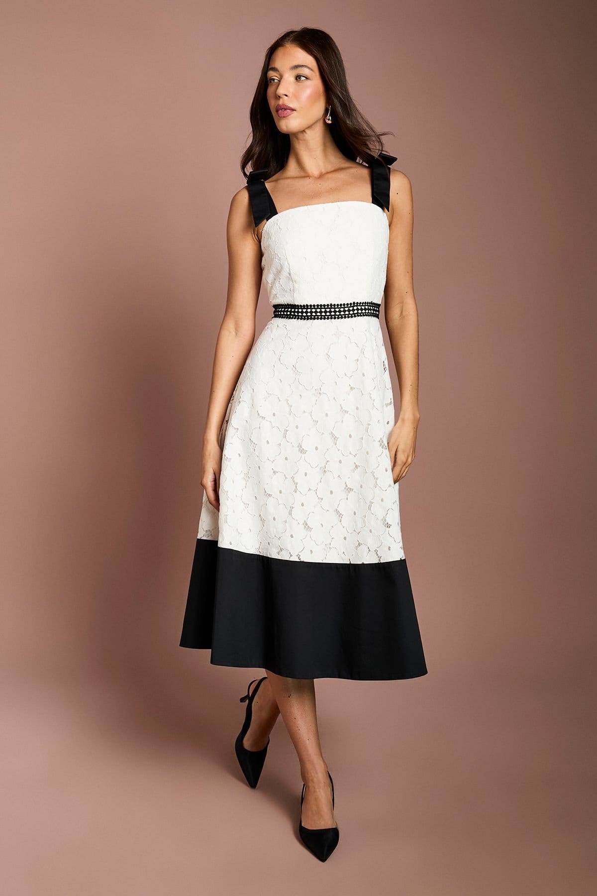 Coast Monochrome Bow Shoulder Floral Lace Midi Dress