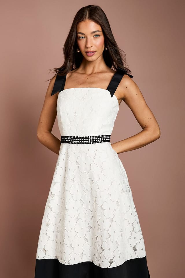 Coast Coast Women's Bow Shoulder Floral Lace Midi Dress in Mono - 2