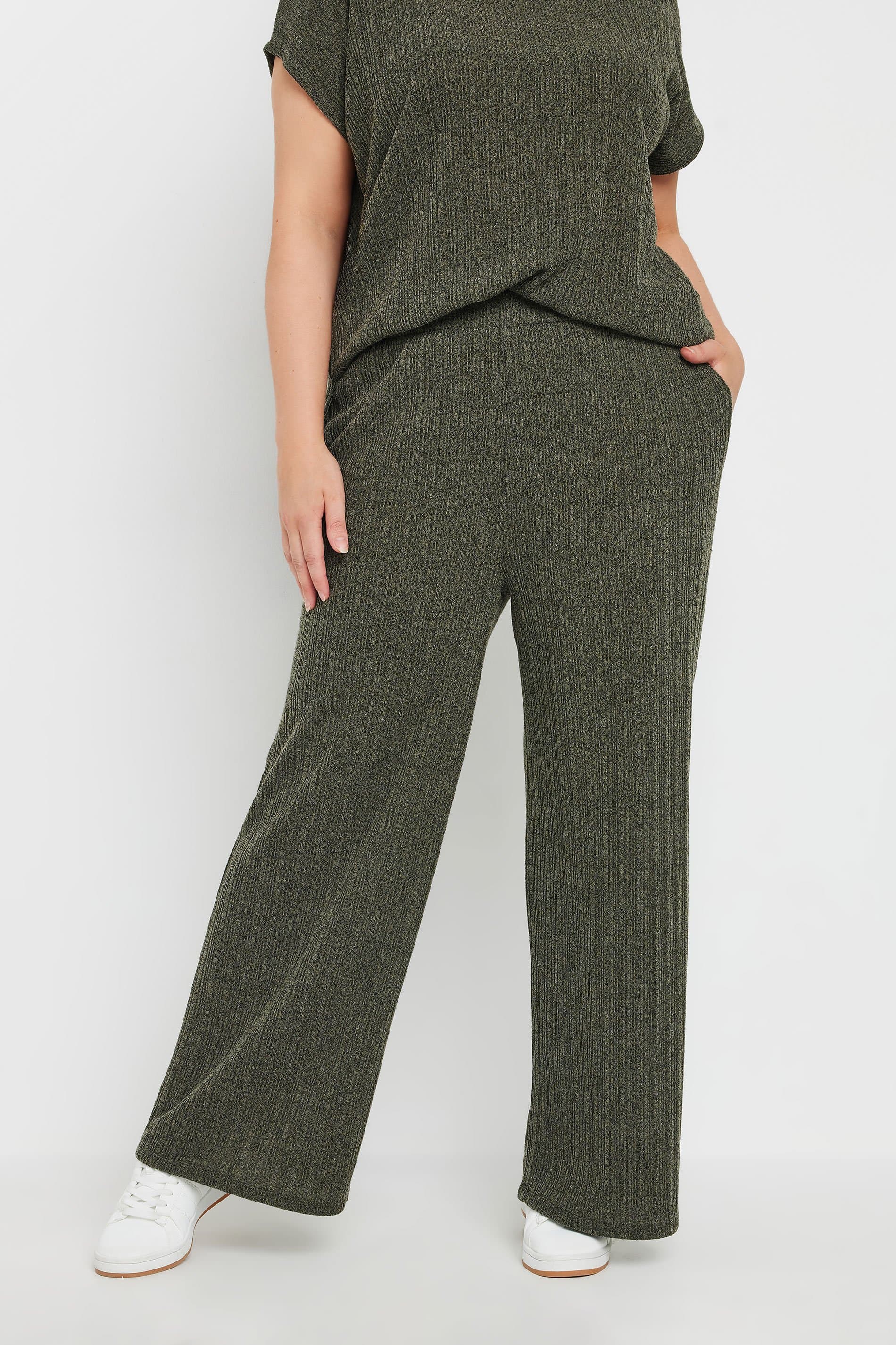 Yours Plus Size Khaki Green Knitted Wide Leg Trousers
