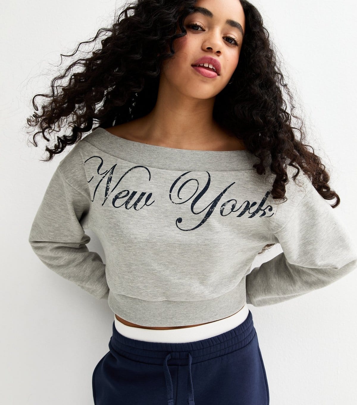 New Look Grey New York Print Off Shoulder Cropped Sweatshirt
