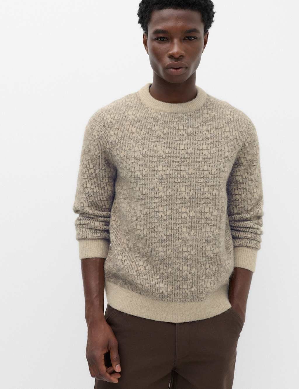 Marks & Spencer M&S Lofty Patterned Crew Neck Jumper with Wool Neutral - 1