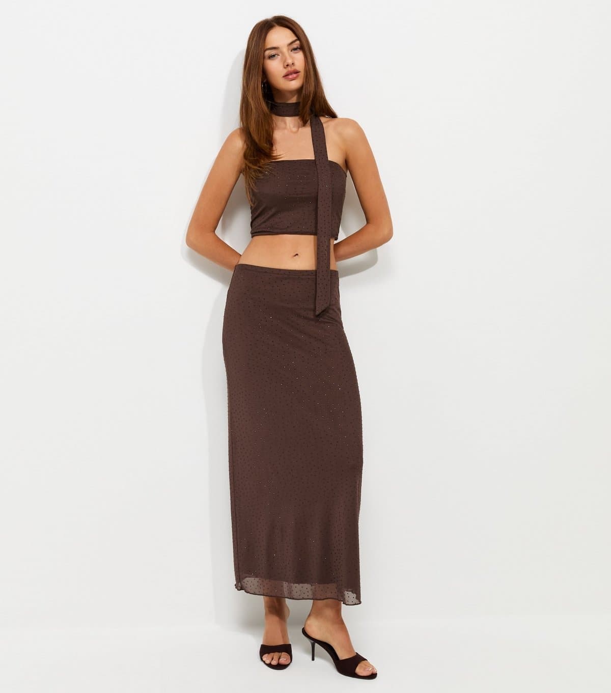 New Look Women's Dark Brown Gem Embellished Mesh Midi Skirt New Look