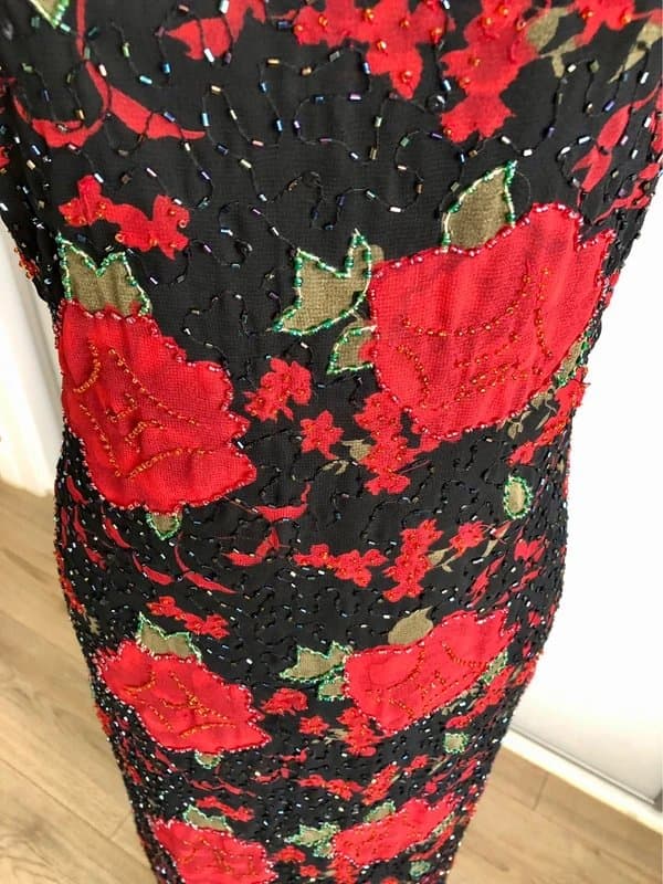 Kaleidoscope Vintage 90s Beaded Red Rose Whimsigoth Halter Maxi Dress / Evening Gown