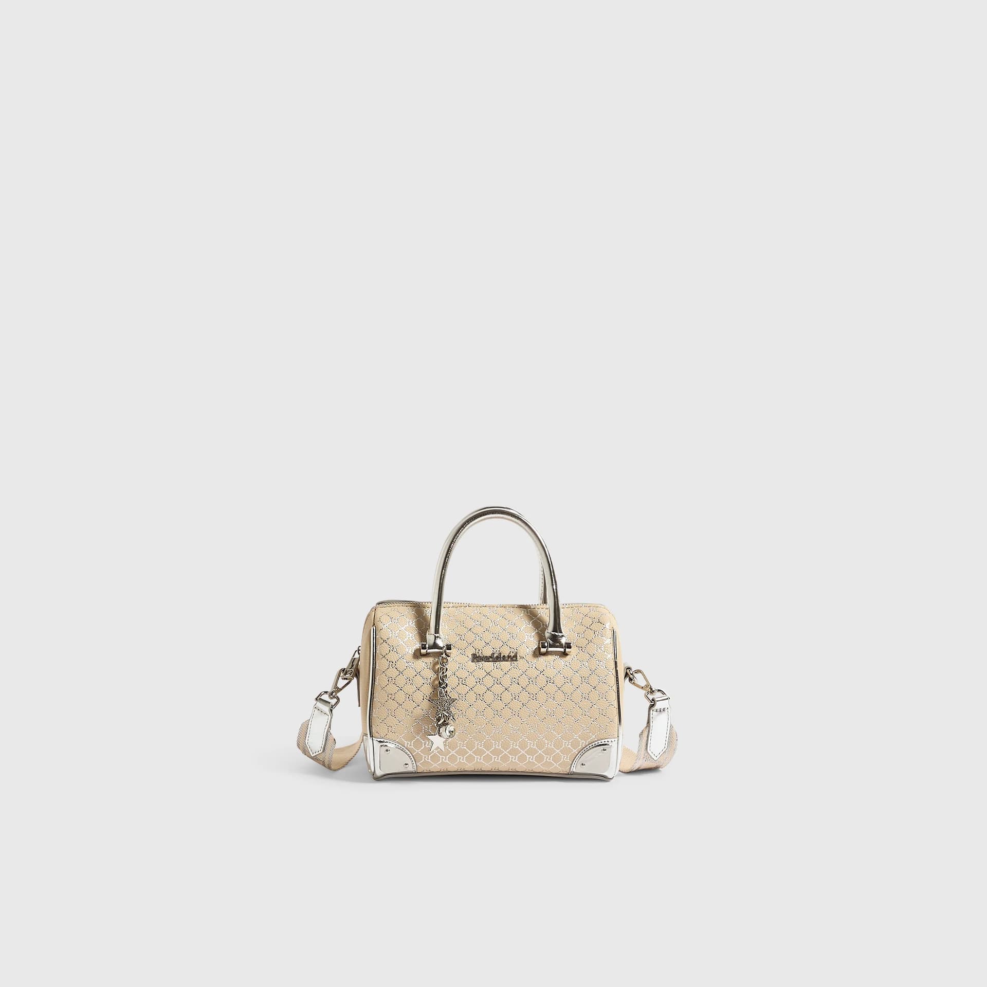 River Island River Island Womens Silver Metallic Monogram Bowler Bag