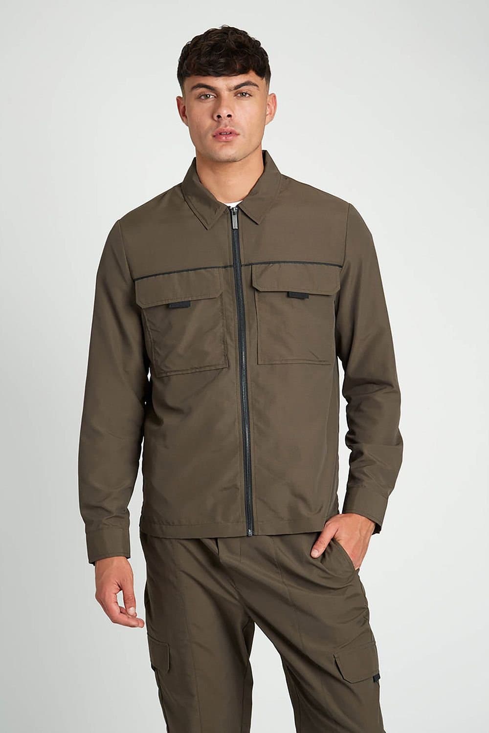 Native Youth Native Youth Men's Utility-Inspired Zip Long Sleeve Overshirt in Khaki