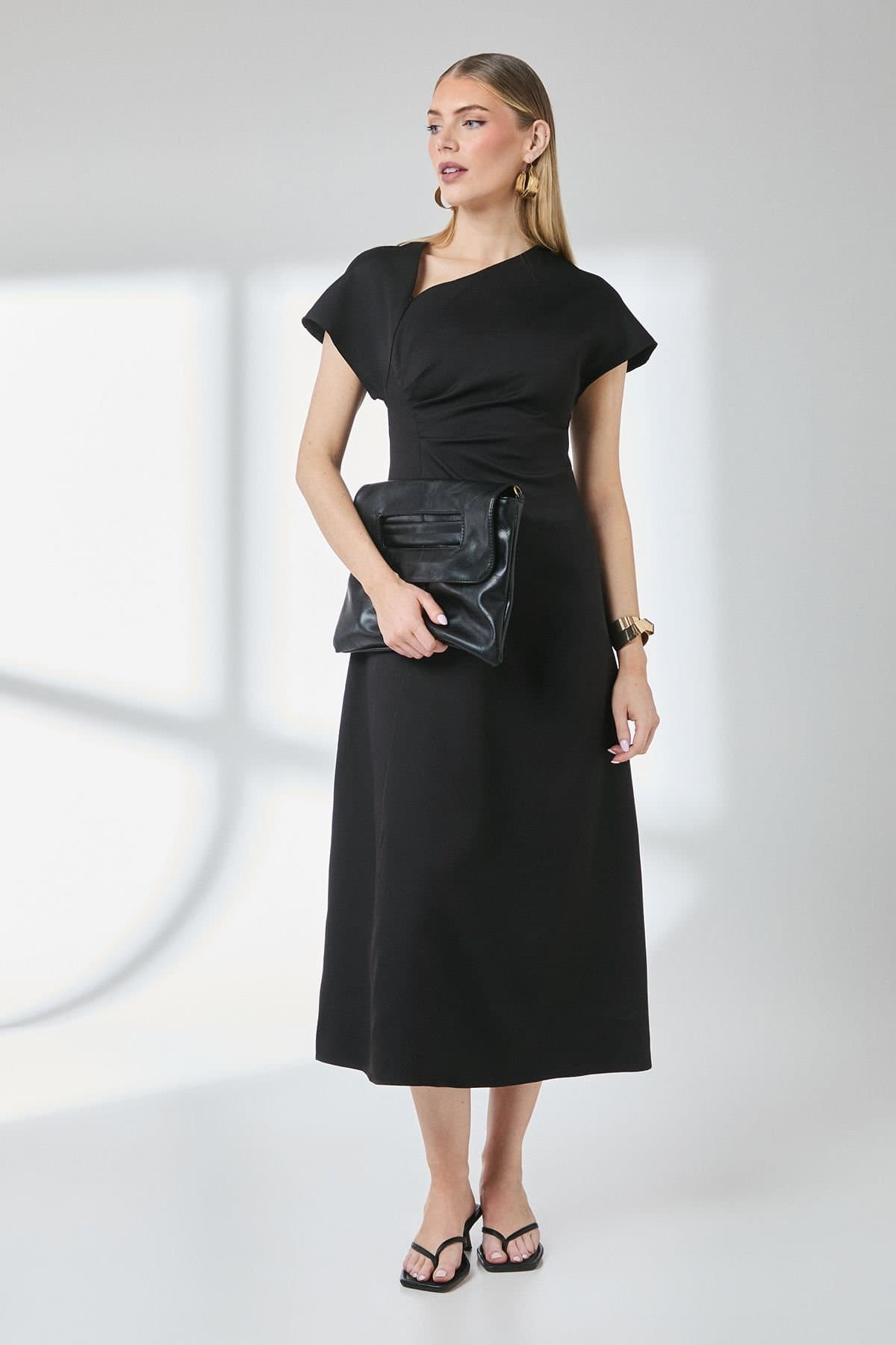 Principles Principles Women's Asymmetric Neckline Short Sleeve Midi Dress in Black