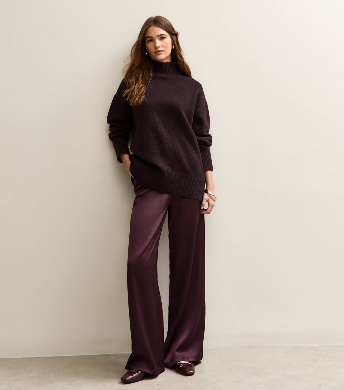 New Look New Look Dark Burgundy Satin Wide Leg Trousers