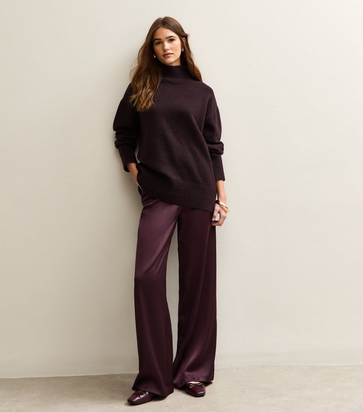 New Look Dark Burgundy Satin Wide Leg Trousers