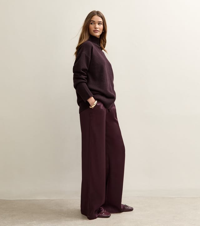 New Look Women's Dark Burgundy Satin Wide Leg Trousers New Look - 2