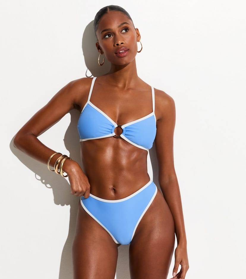 New Look Women's Light Blue Contrast Hem High Leg Hipster Bikini Bottoms New Look - 1