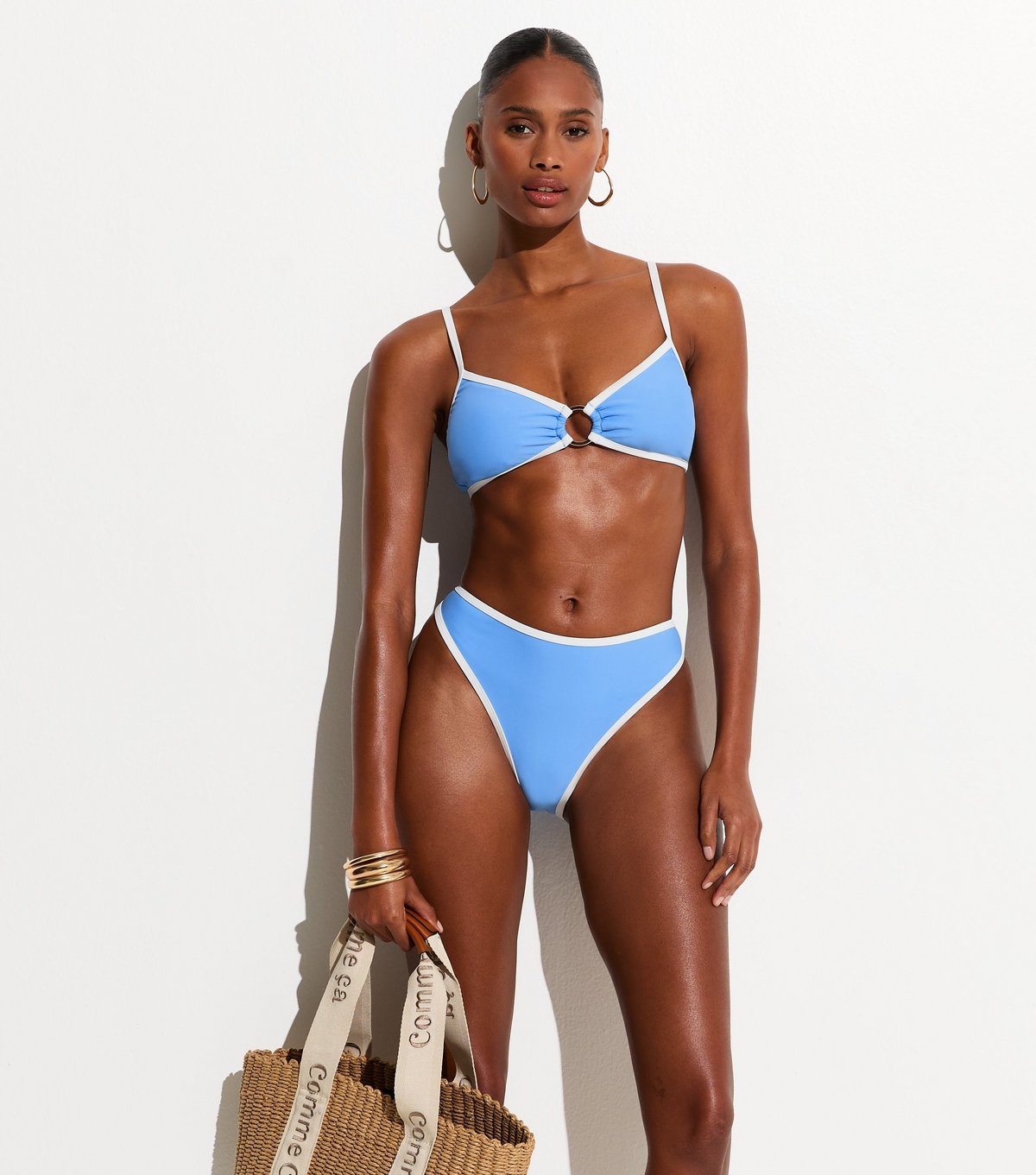 New Look Women's Light Blue Contrast Hem High Leg Hipster Bikini Bottoms New Look - 3